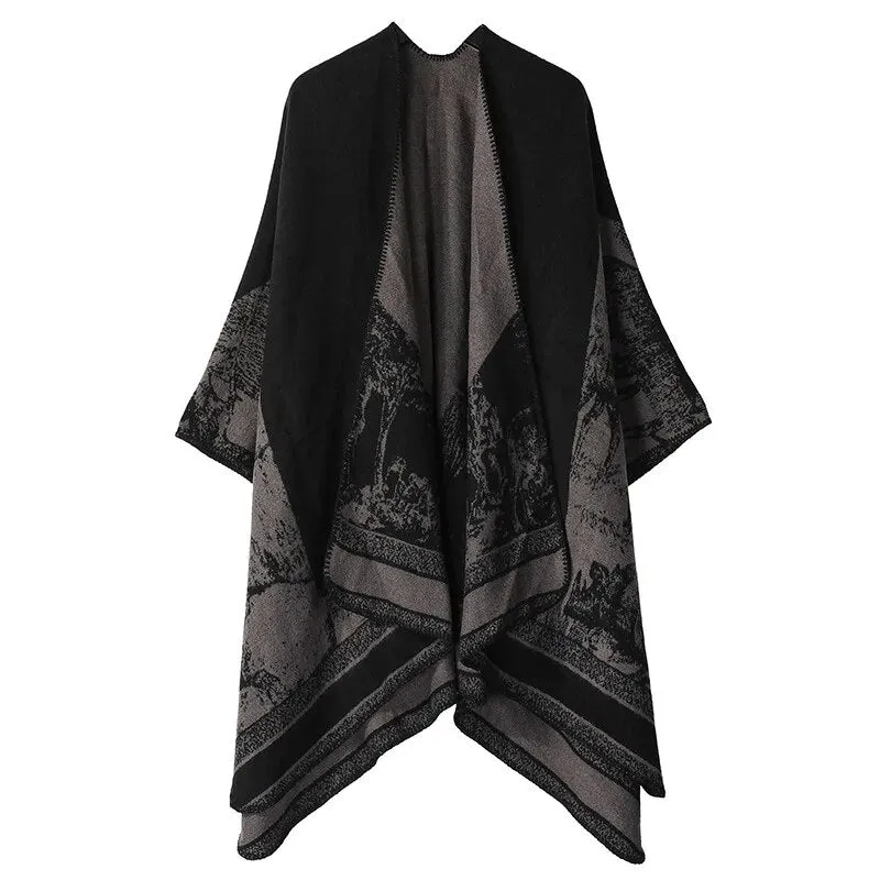 WeHello-Cashmere Winter Warm Ponchos and Capes for Women, Female Shawls and Wraps, Floral Pashmina, Female Lady Poncho Capes