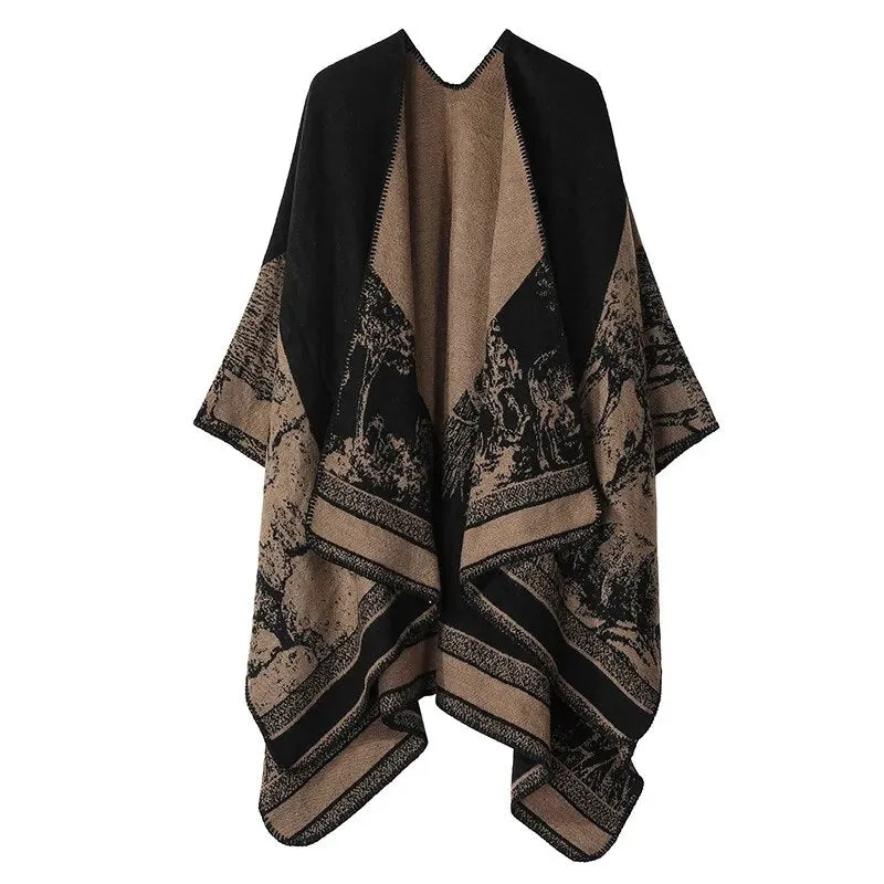 WeHello-Cashmere Winter Warm Ponchos and Capes for Women, Female Shawls and Wraps, Floral Pashmina, Female Lady Poncho Capes