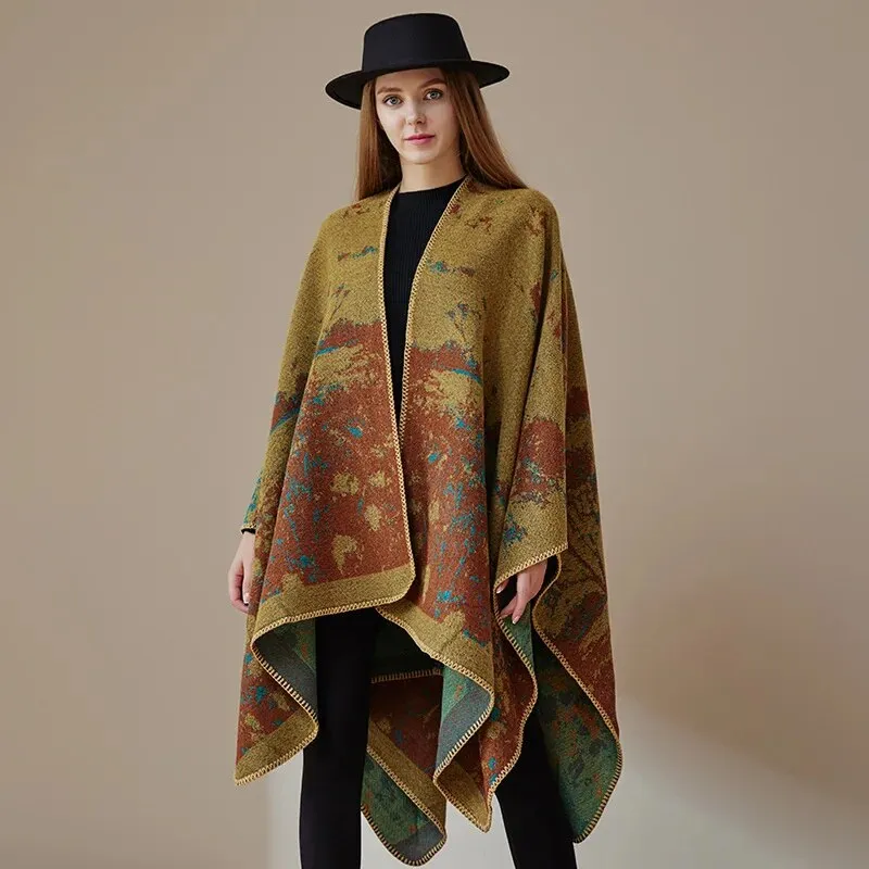 WeHello-Cashmere Winter Warm Ponchos and Capes for Women, Female Shawls and Wraps, Floral Pashmina, Female Lady Poncho Capes