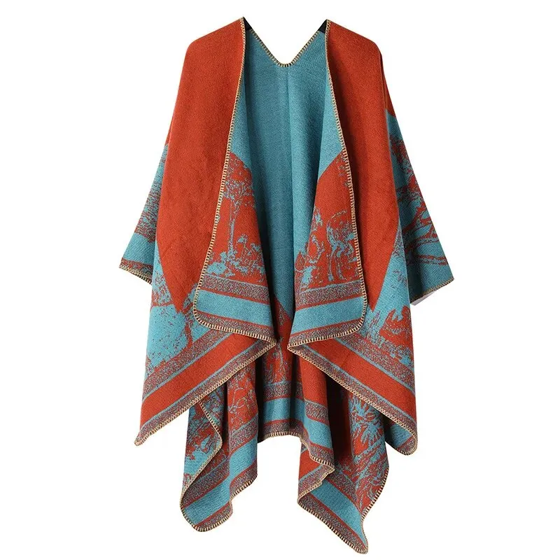 WeHello-Cashmere Winter Warm Ponchos and Capes for Women, Female Shawls and Wraps, Floral Pashmina, Female Lady Poncho Capes