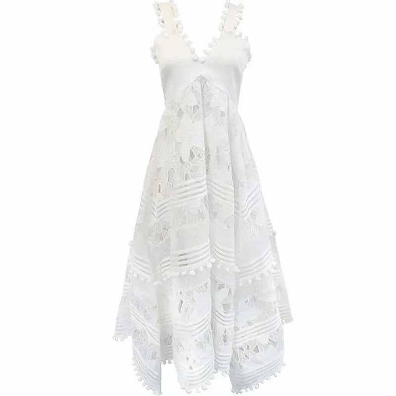 White Hollow Lace Embroidery Ball Tassel Stitching Irregular Strap Floral Maxi Dresses