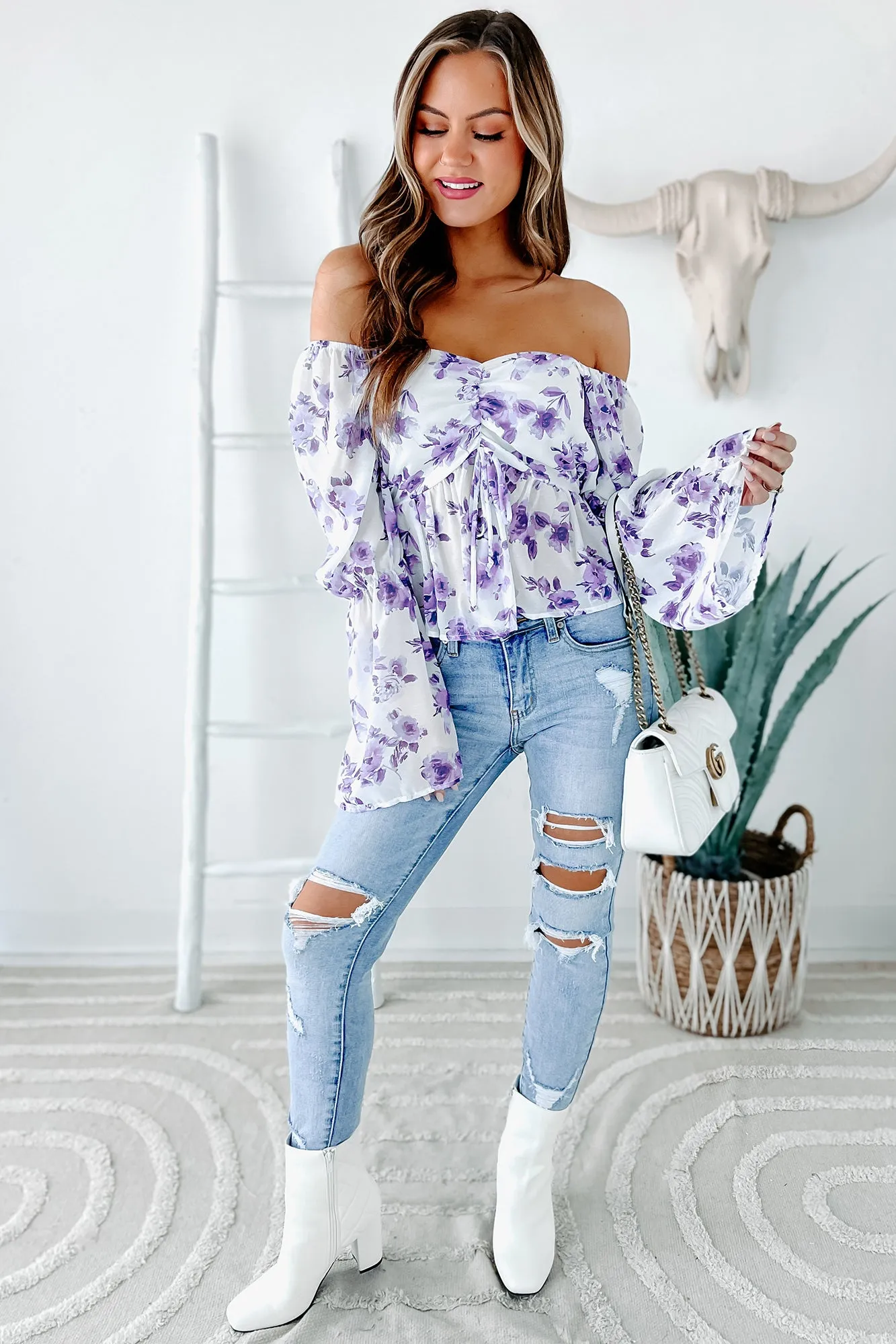 With Great Anticipation Floral Ruched Long Sleeve Top (White/Purple)