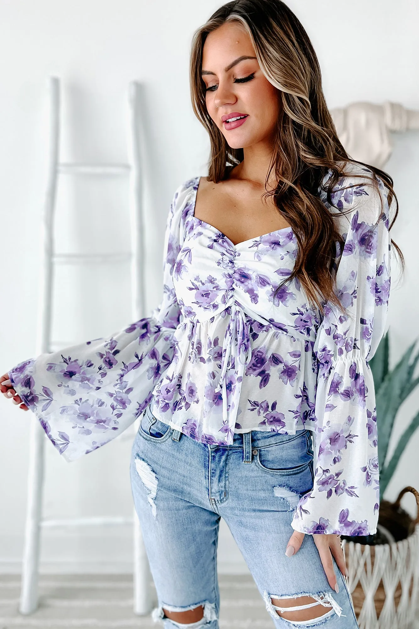 With Great Anticipation Floral Ruched Long Sleeve Top (White/Purple)