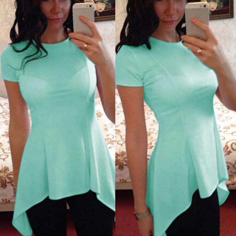 Women Blouse Ladies Short Sleeve O Neck Irregular Hem Peplum Waist Slim Fit Shirt Tops Plus Size S-4XL