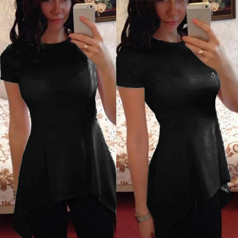 Women Blouse Ladies Short Sleeve O Neck Irregular Hem Peplum Waist Slim Fit Shirt Tops Plus Size S-4XL
