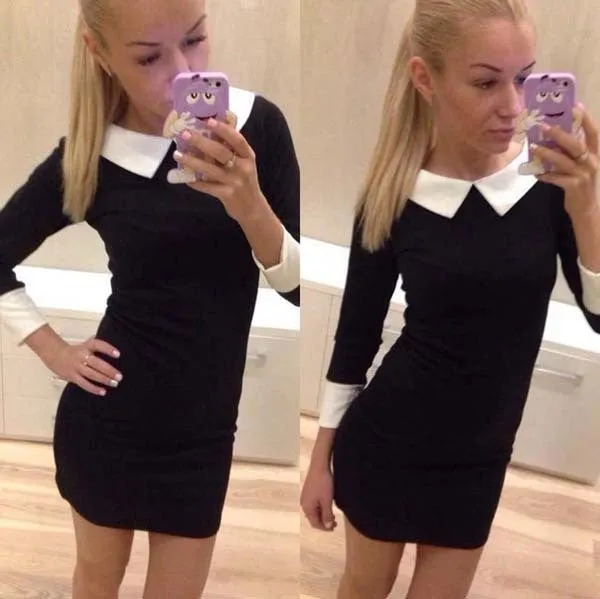 Women Dress Fashion WomenTurn-down Collar Slim Casual Dresses Elegant Blue Dress Feminine Vestido QAF019LMXC