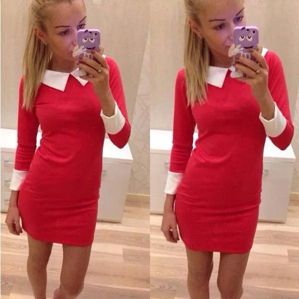 Women Dress Fashion WomenTurn-down Collar Slim Casual Dresses Elegant Blue Dress Feminine Vestido QAF019LMXC