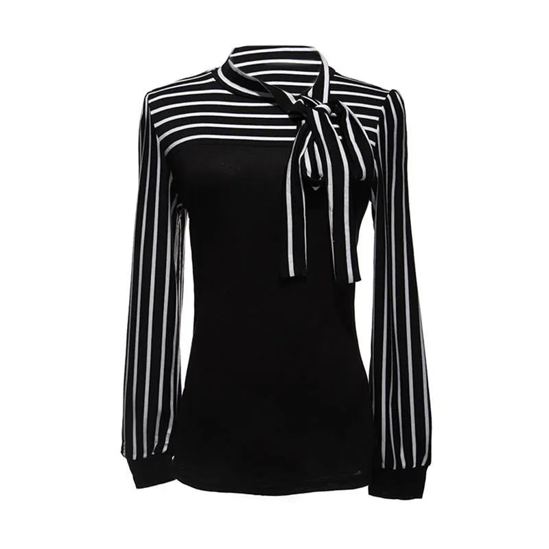 Women Ladies Stripe Tee Turtleneck OL Style Lantern Long Sleeve Tops T-shirts Black White