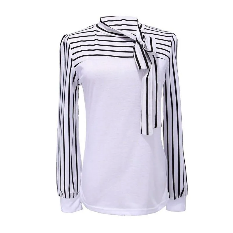Women Ladies Stripe Tee Turtleneck OL Style Lantern Long Sleeve Tops T-shirts Black White