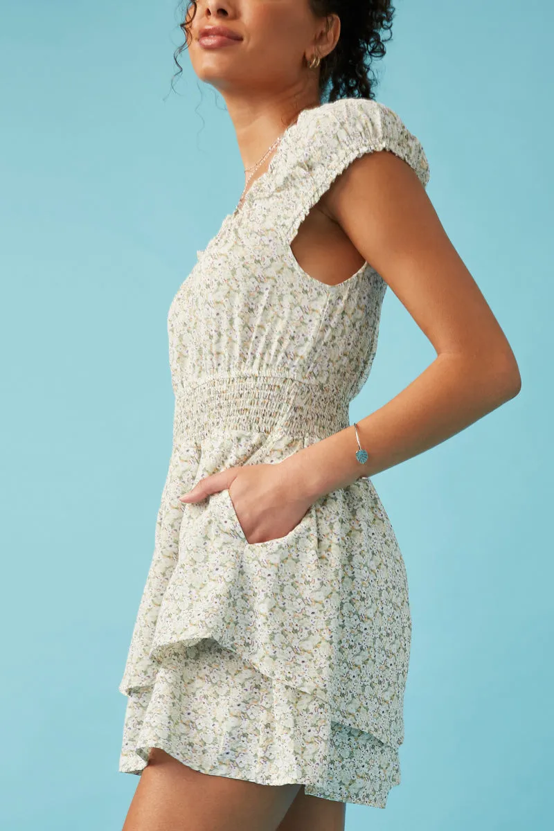 Womens Ditsy Floral Smocked Wideleg Sleeveless Romper