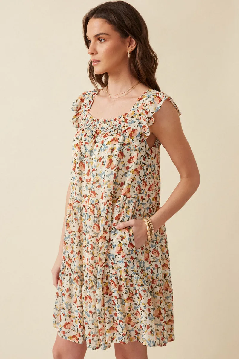 Womens Floral Ruffle Sleeve Smock Detail Dress