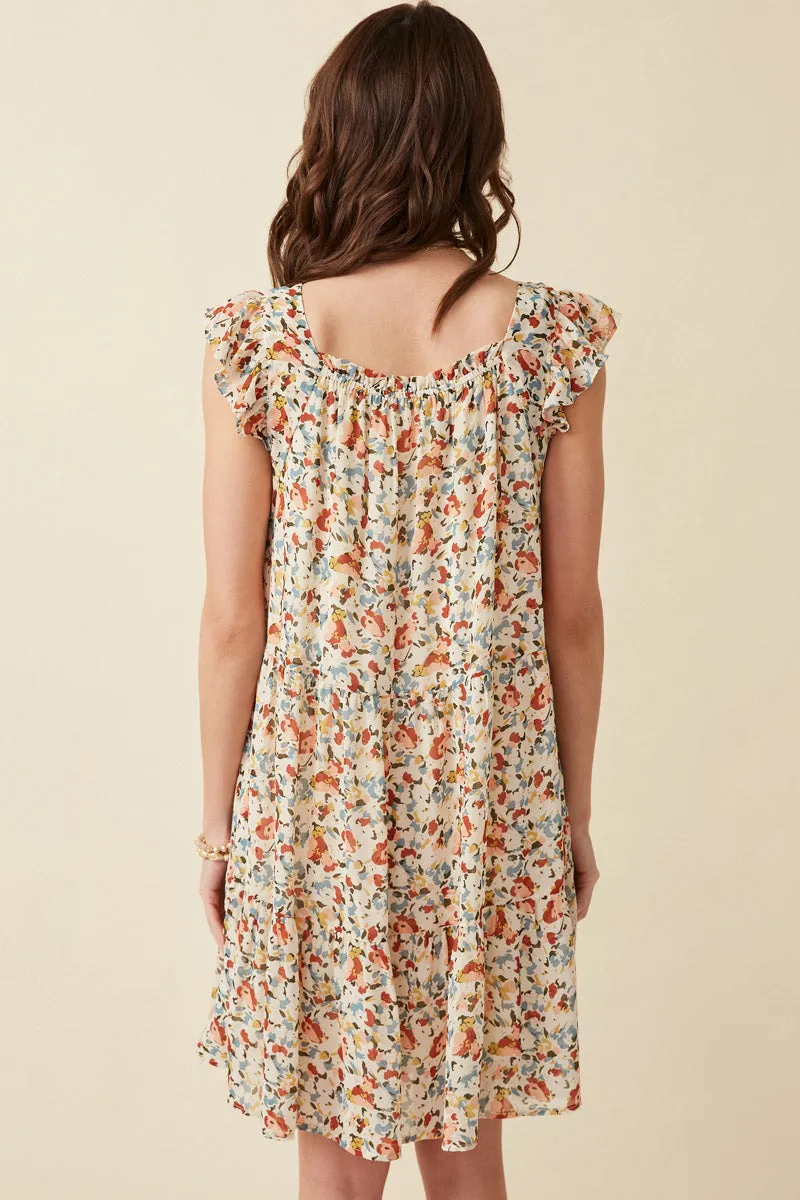 Womens Floral Ruffle Sleeve Smock Detail Dress
