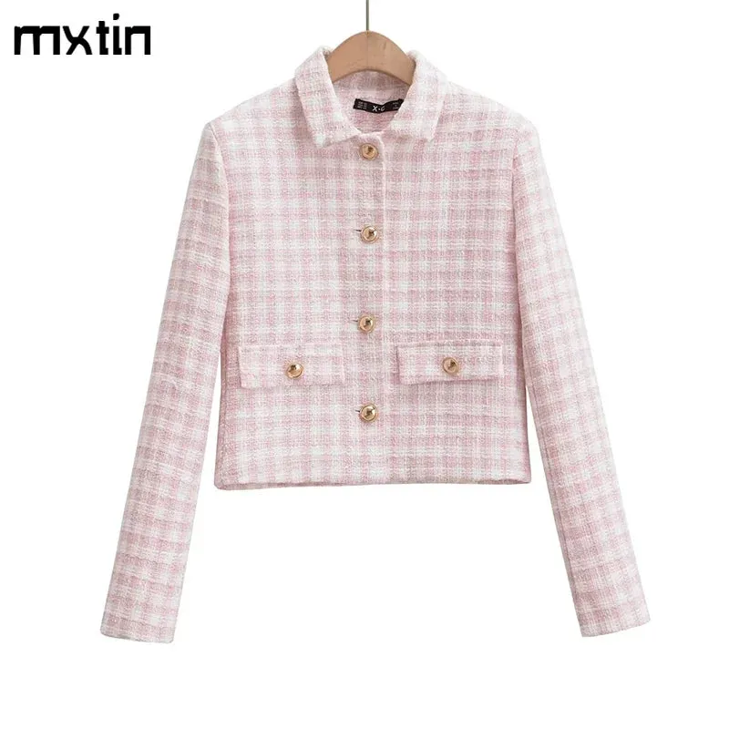 Women's Jacket Autumn Vintage Tweed Blazers Coats Fashion Single-breast Pink Plaid Suit Female in Outerwears Clothing Top