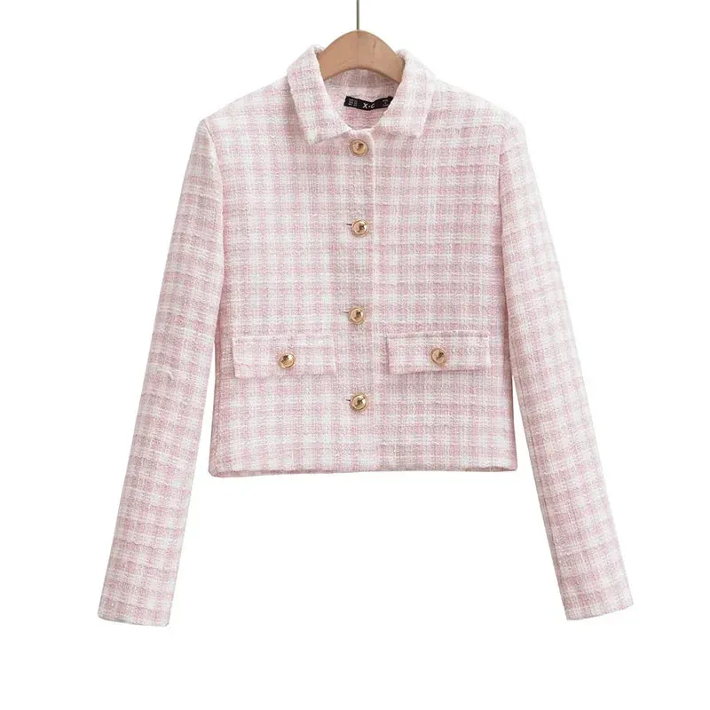 Women's Jacket Autumn Vintage Tweed Blazers Coats Fashion Single-breast Pink Plaid Suit Female in Outerwears Clothing Top
