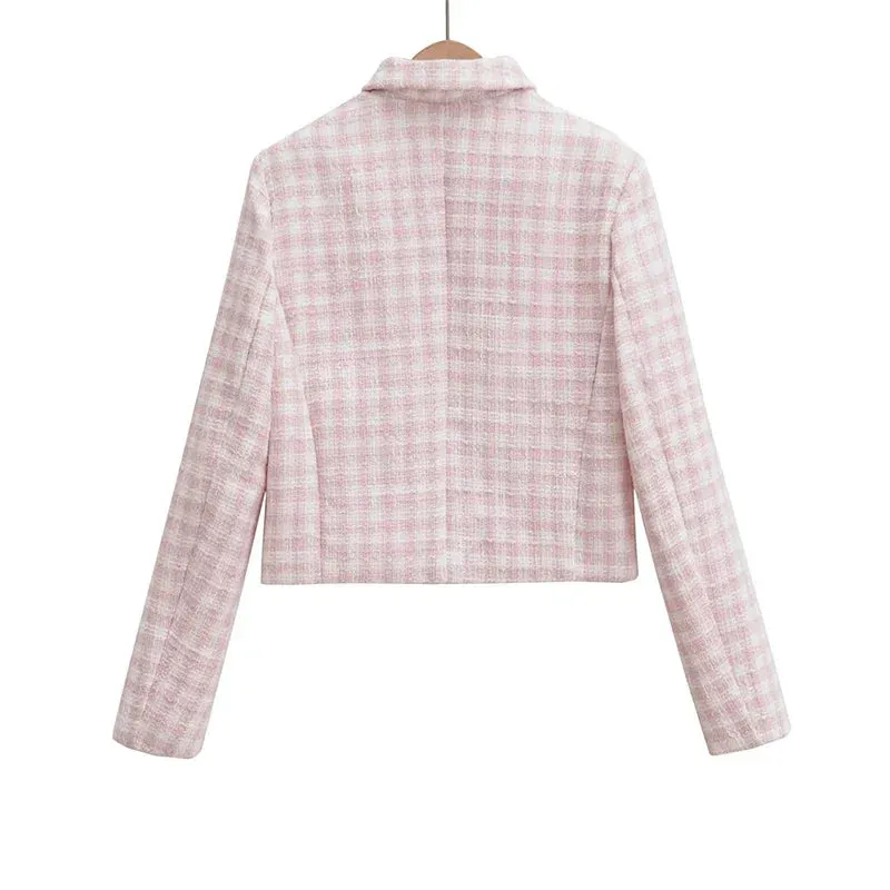 Women's Jacket Autumn Vintage Tweed Blazers Coats Fashion Single-breast Pink Plaid Suit Female in Outerwears Clothing Top