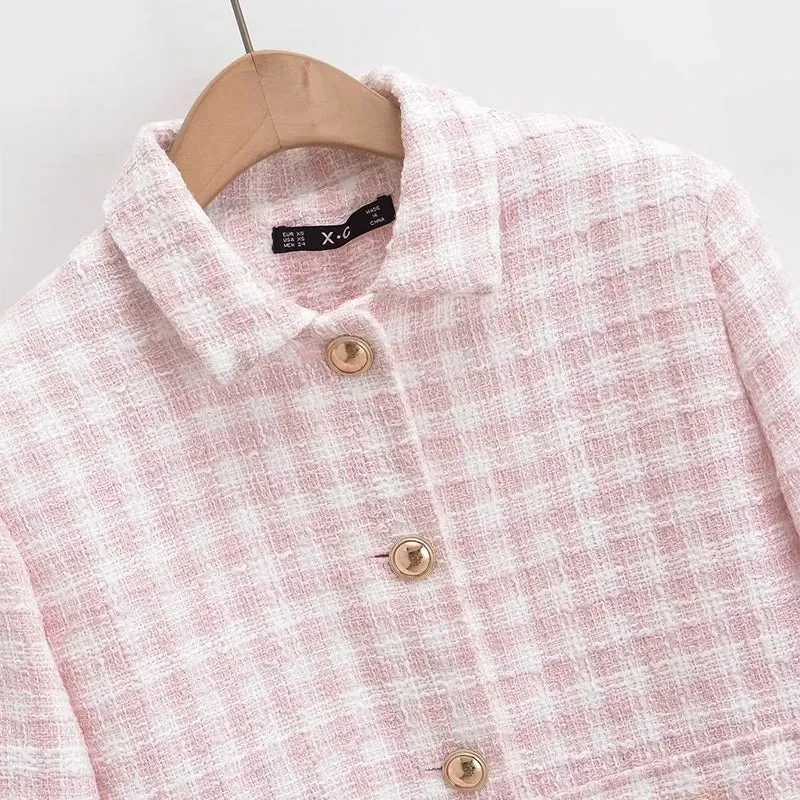 Women's Jacket Autumn Vintage Tweed Blazers Coats Fashion Single-breast Pink Plaid Suit Female in Outerwears Clothing Top