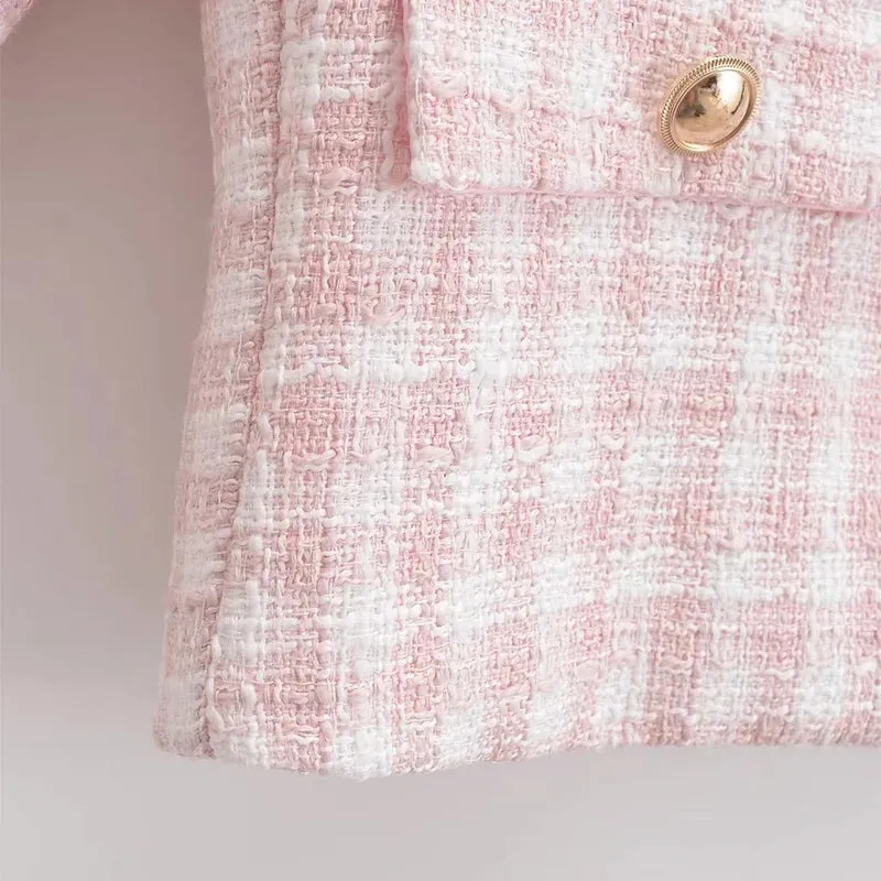 Women's Jacket Autumn Vintage Tweed Blazers Coats Fashion Single-breast Pink Plaid Suit Female in Outerwears Clothing Top