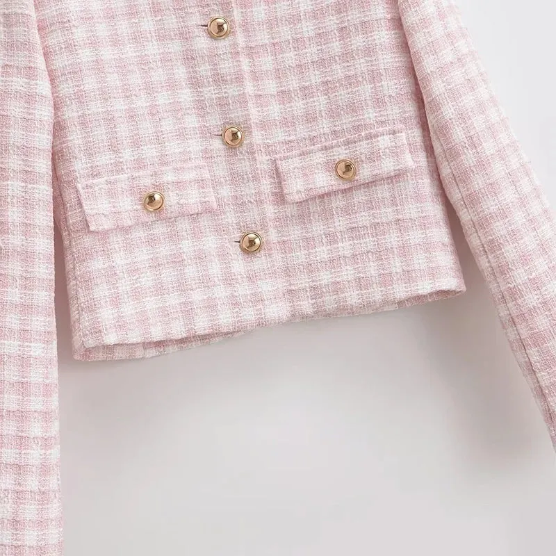 Women's Jacket Autumn Vintage Tweed Blazers Coats Fashion Single-breast Pink Plaid Suit Female in Outerwears Clothing Top