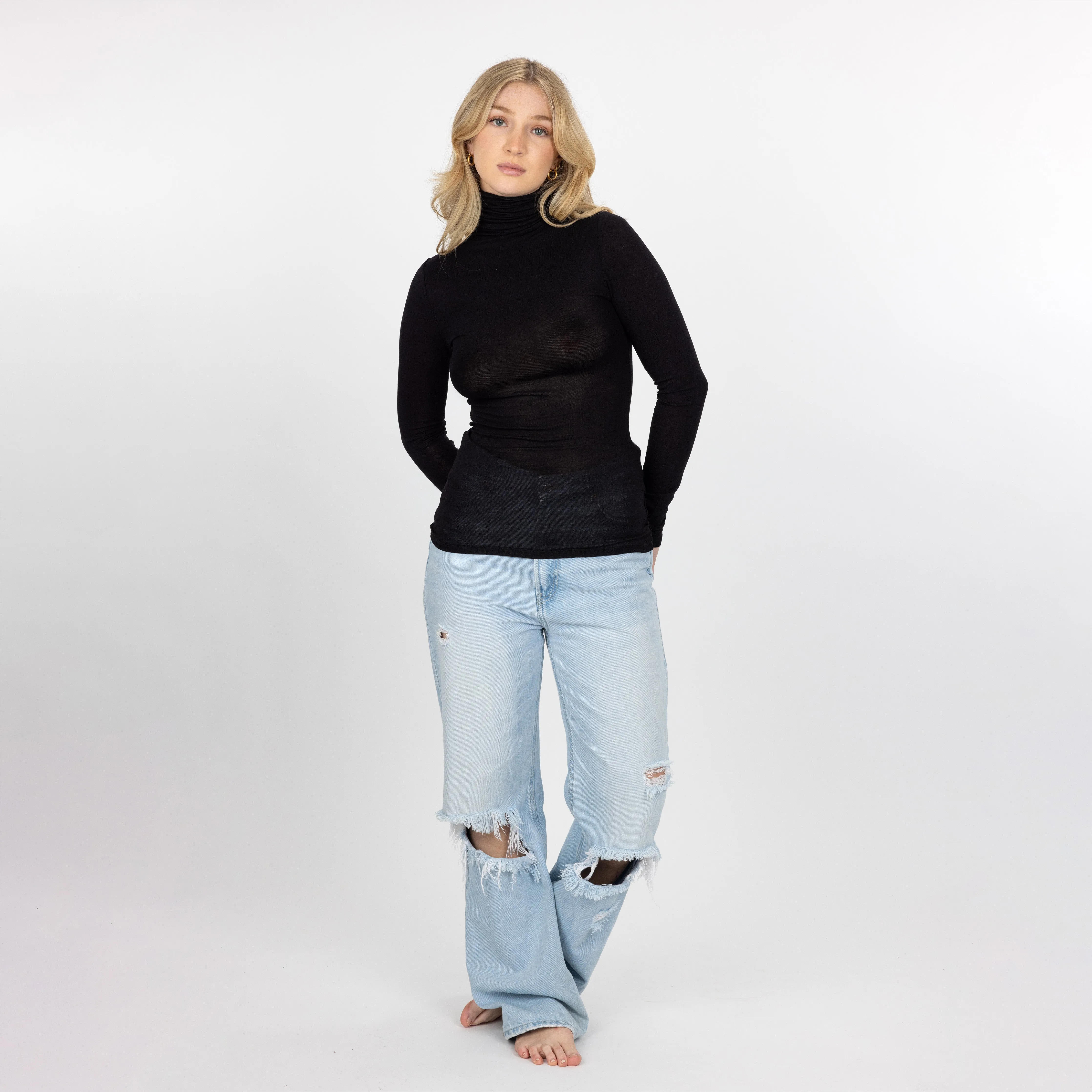 Womens Long Sleeve Viscose Turtle Neck - Black