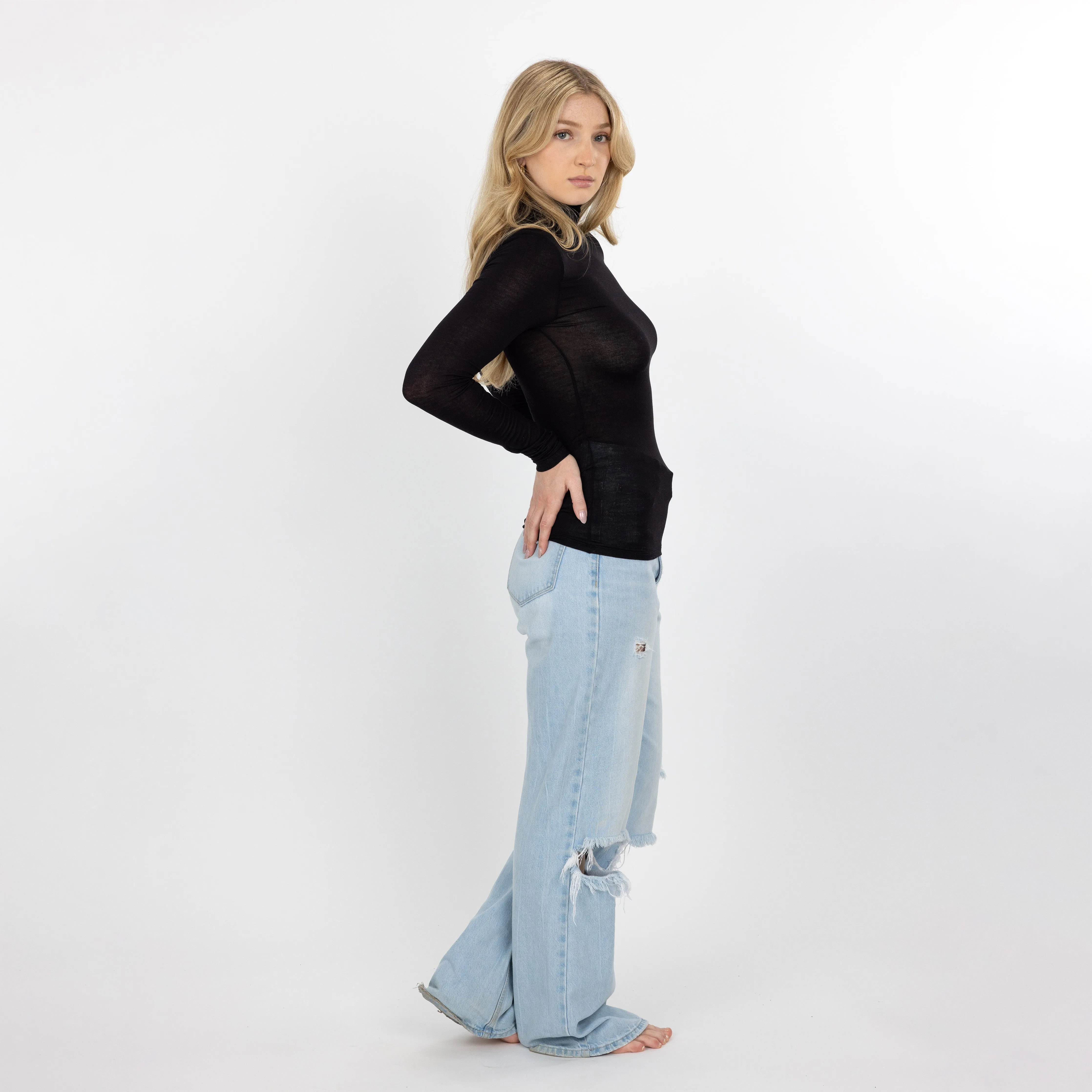 Womens Long Sleeve Viscose Turtle Neck - Black