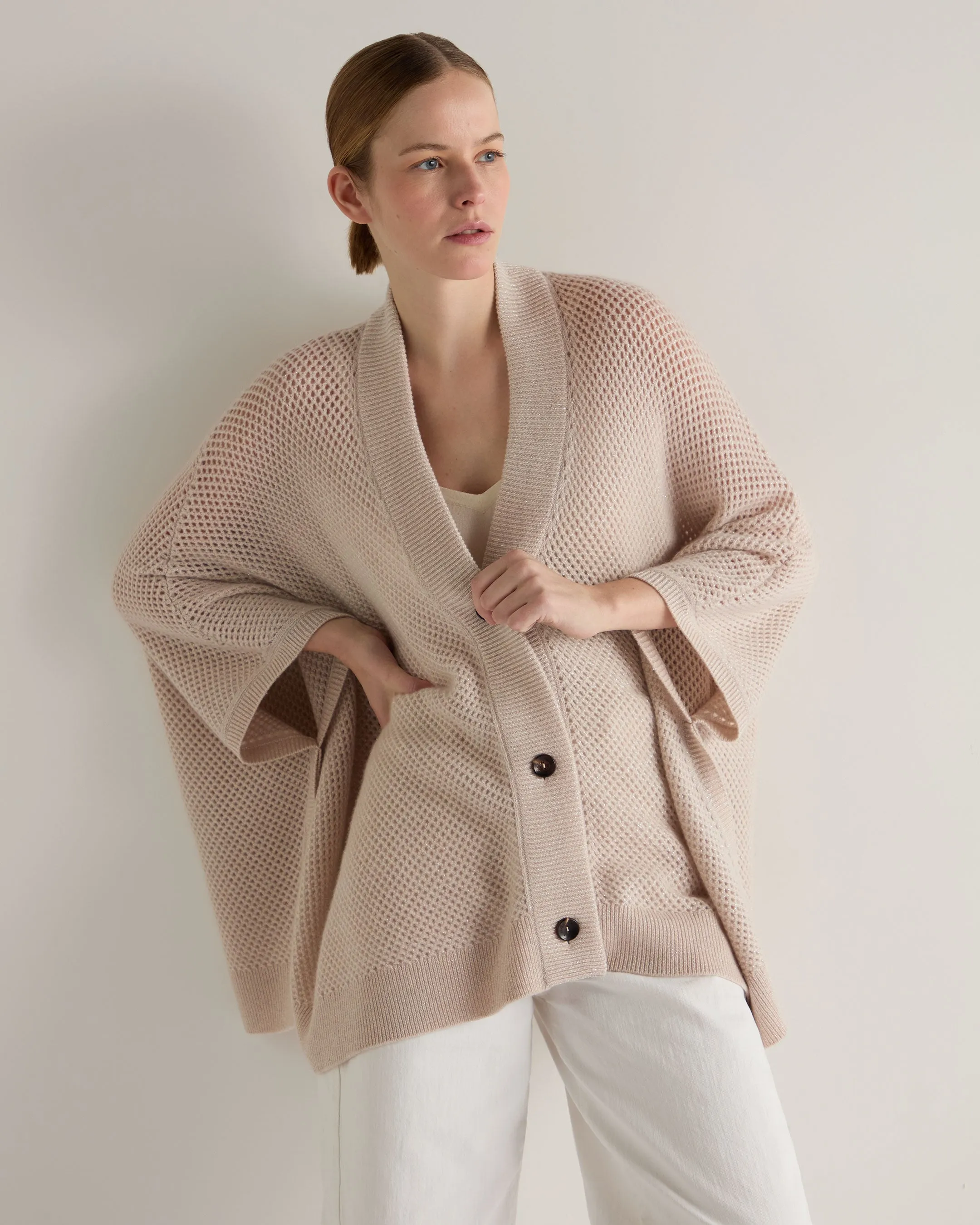 Women's Mesh Stitch Cashmere Cape Ecru White Sparkle