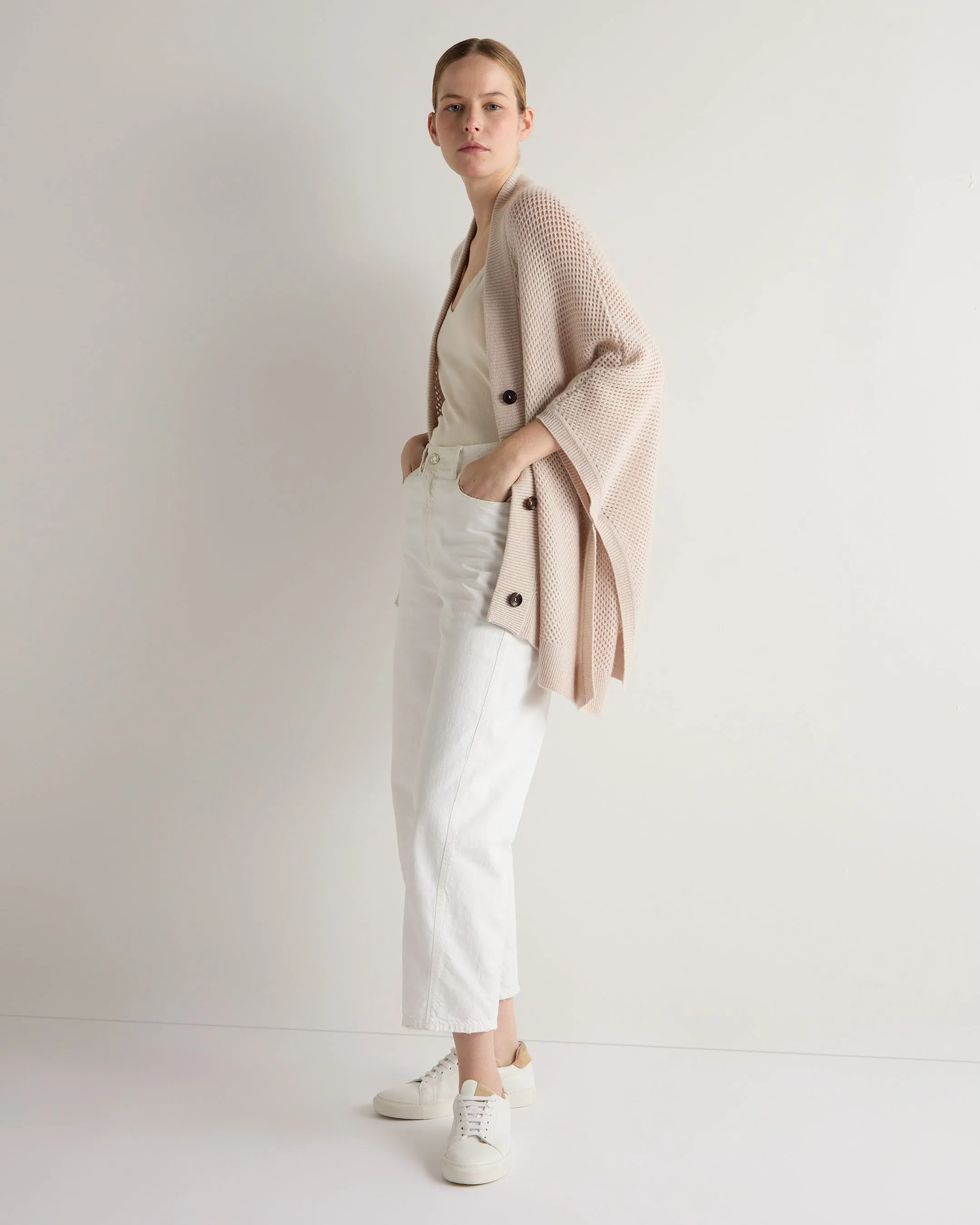 Women's Mesh Stitch Cashmere Cape Ecru White Sparkle