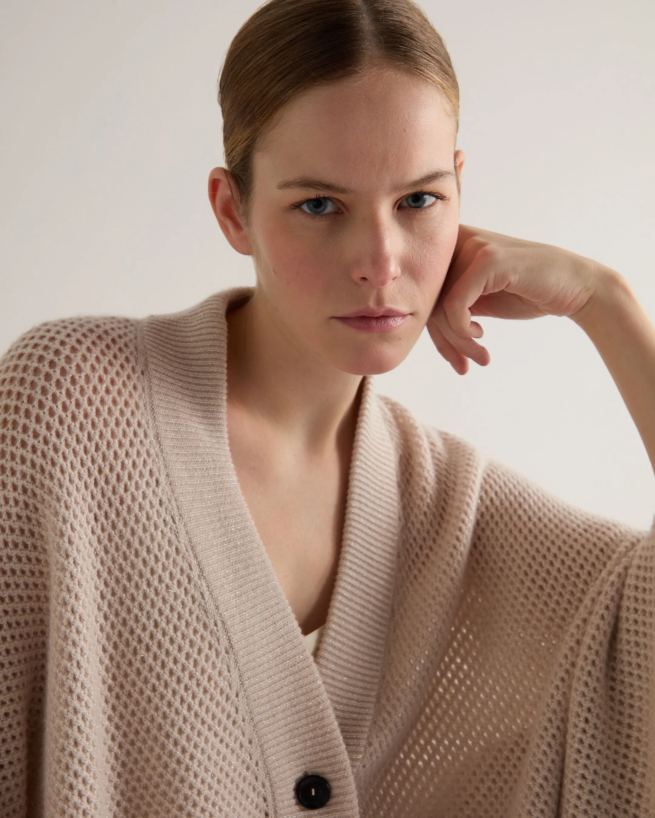 Women's Mesh Stitch Cashmere Cape Ecru White Sparkle
