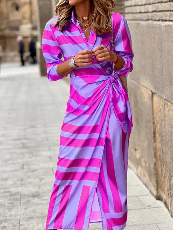 Wrap Lantern Sleeve Dress with Striped Print and Lapel Collar