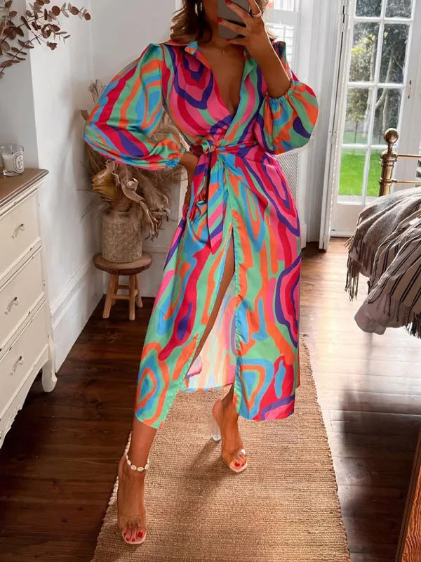 Wrap Lantern Sleeve Dress with Striped Print and Lapel Collar