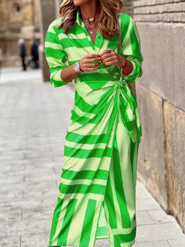 Wrap Lantern Sleeve Dress with Striped Print and Lapel Collar