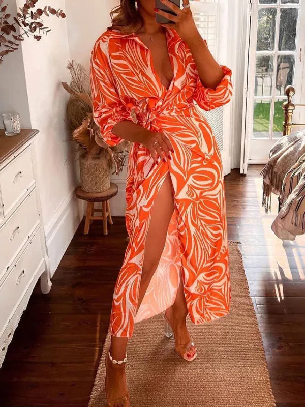 Wrap Lantern Sleeve Dress with Striped Print and Lapel Collar