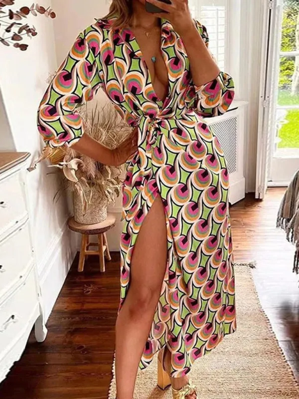 Wrap Lantern Sleeve Dress with Striped Print and Lapel Collar