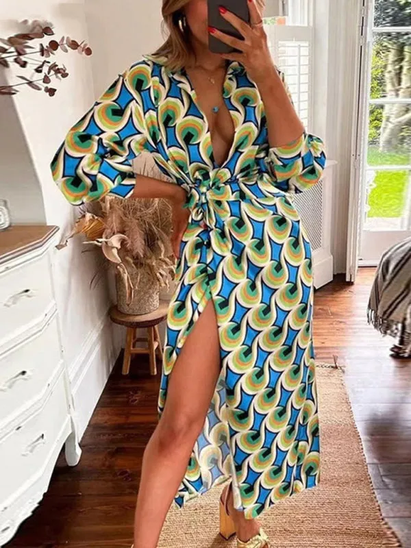 Wrap Lantern Sleeve Dress with Striped Print and Lapel Collar