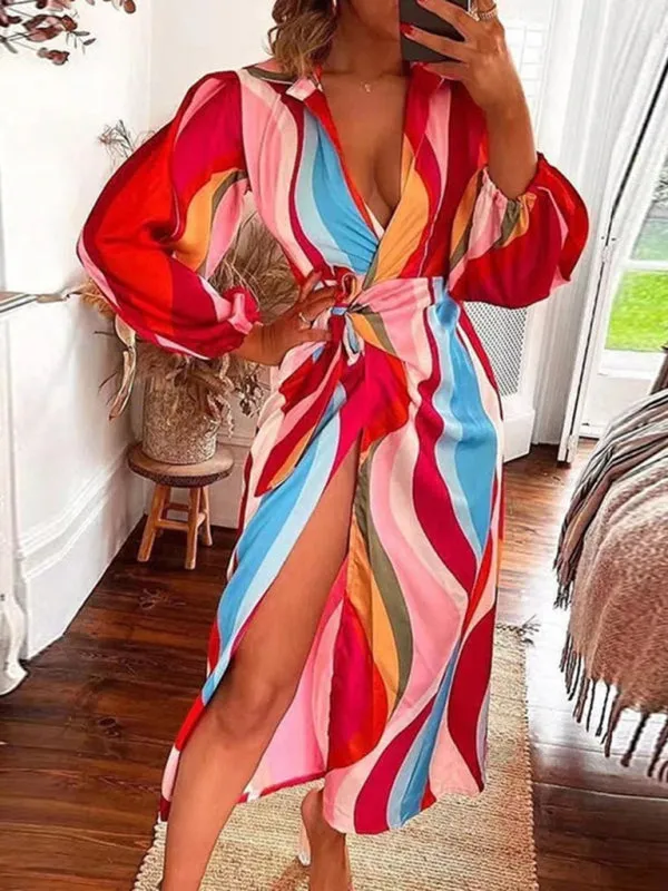 Wrap Lantern Sleeve Dress with Striped Print and Lapel Collar