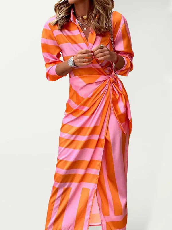 Wrap Lantern Sleeve Dress with Striped Print and Lapel Collar