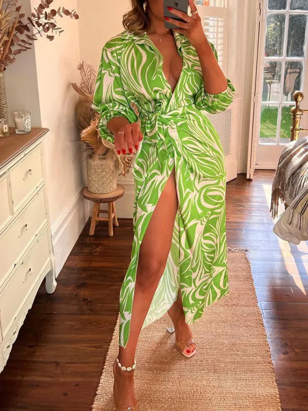 Wrap Lantern Sleeve Dress with Striped Print and Lapel Collar