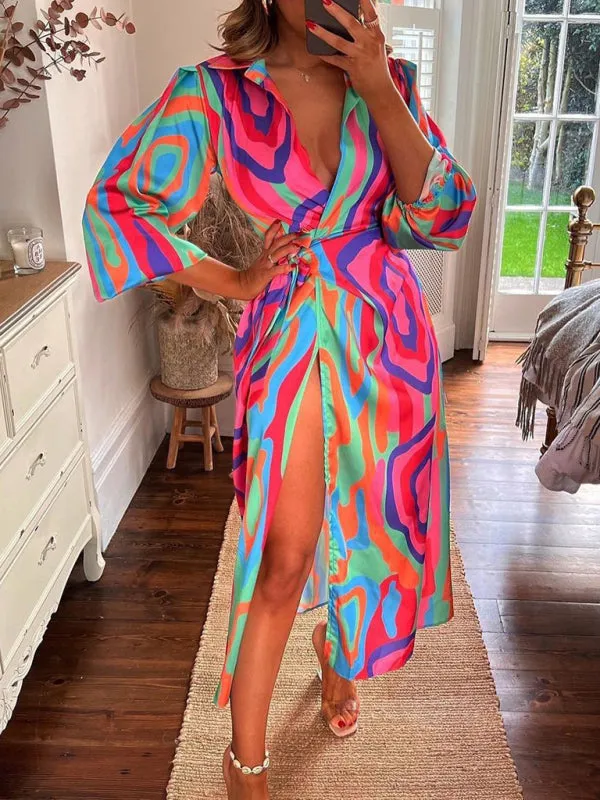 Wrap Lantern Sleeve Dress with Striped Print and Lapel Collar