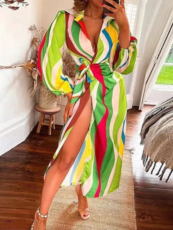 Wrap Lantern Sleeve Dress with Striped Print and Lapel Collar