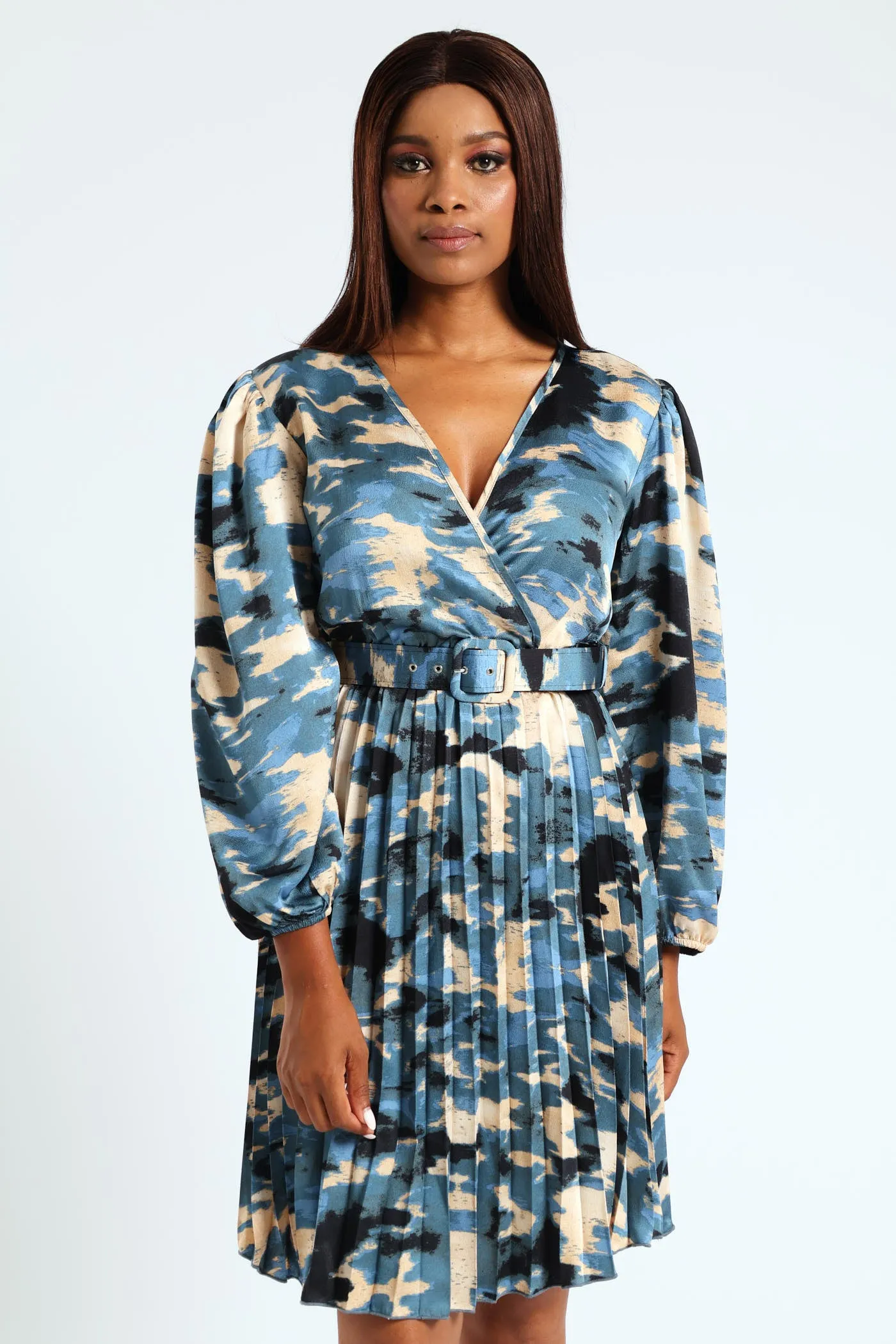 Wrap Pleated Satin Tea Dress - Teal