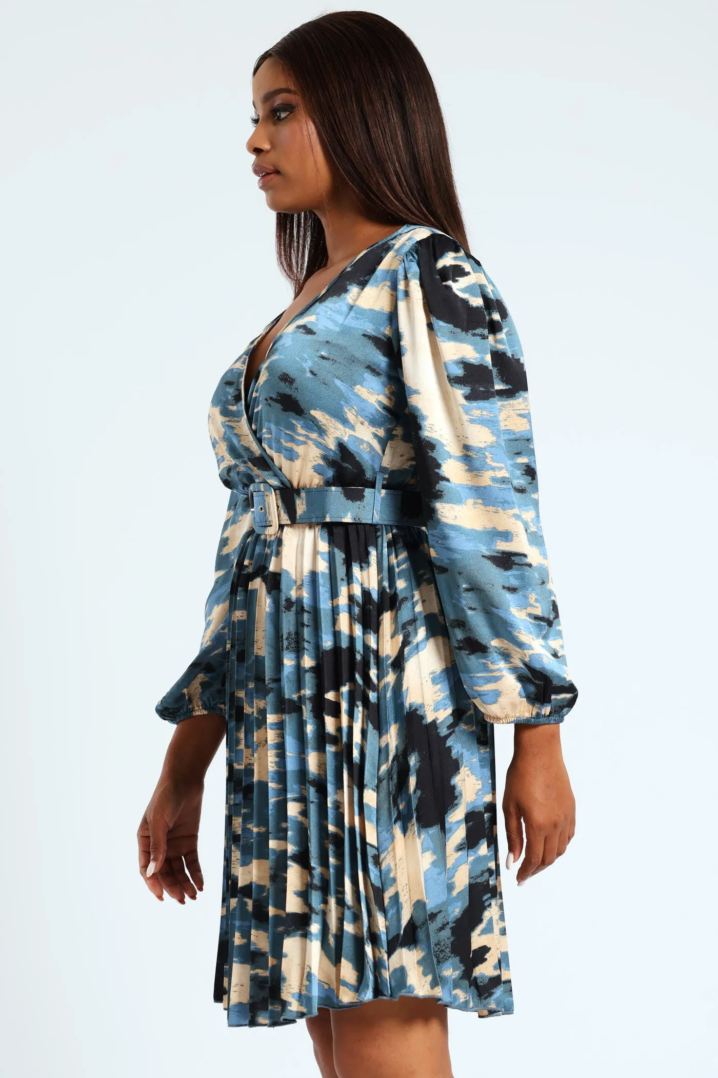 Wrap Pleated Satin Tea Dress - Teal