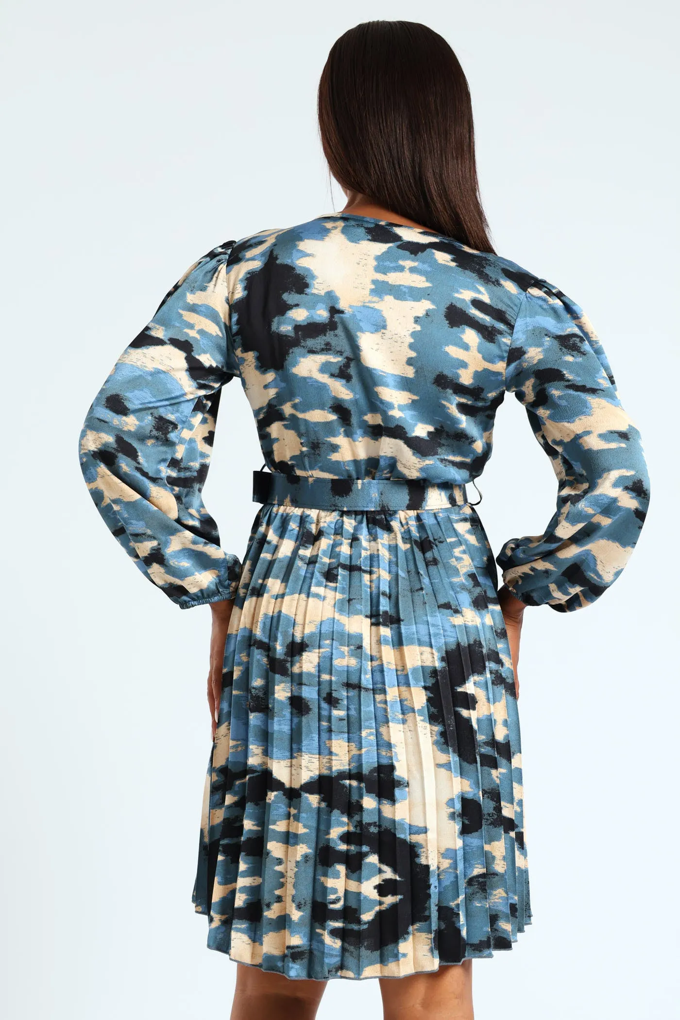 Wrap Pleated Satin Tea Dress - Teal