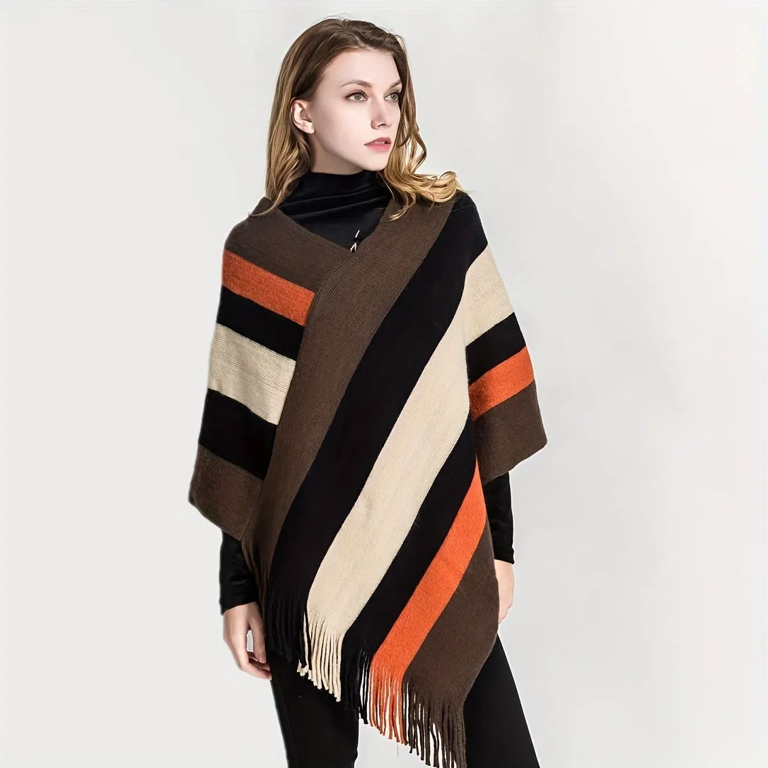xieyinshe Trendy Striped Shawl Wrap Poncho Classic Coldproof Tassel Outdoor Windproof Warm Wraps For Women Autumn & Winter