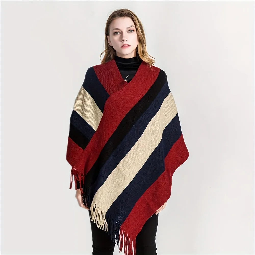 xieyinshe Trendy Striped Shawl Wrap Poncho Classic Coldproof Tassel Outdoor Windproof Warm Wraps For Women Autumn & Winter
