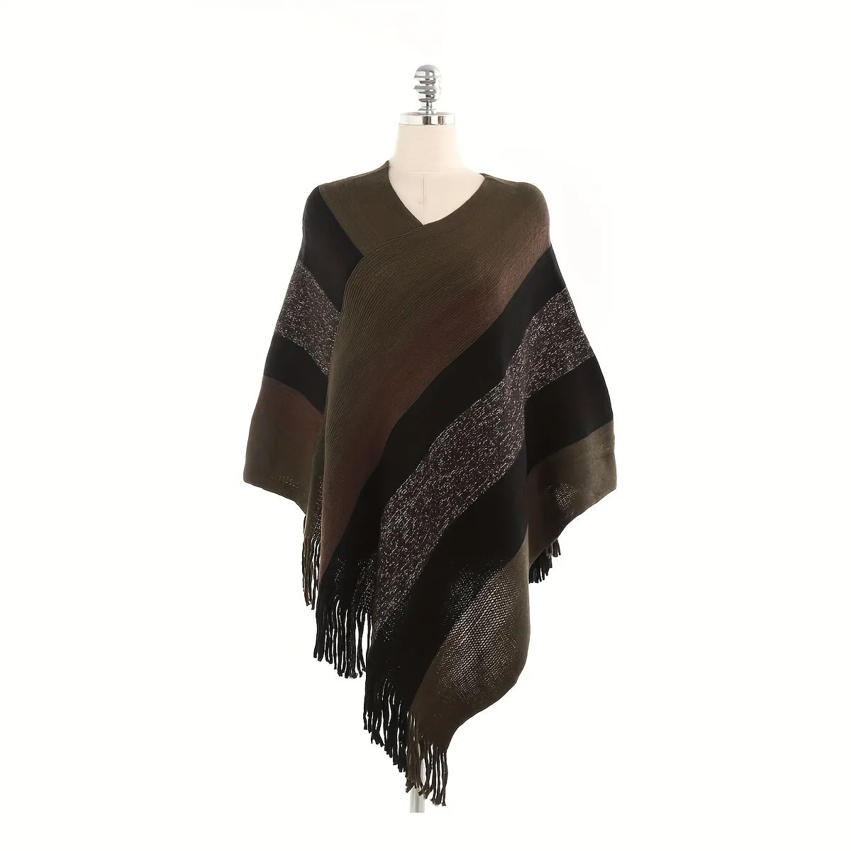 xieyinshe Trendy Striped Shawl Wrap Poncho Classic Coldproof Tassel Outdoor Windproof Warm Wraps For Women Autumn & Winter