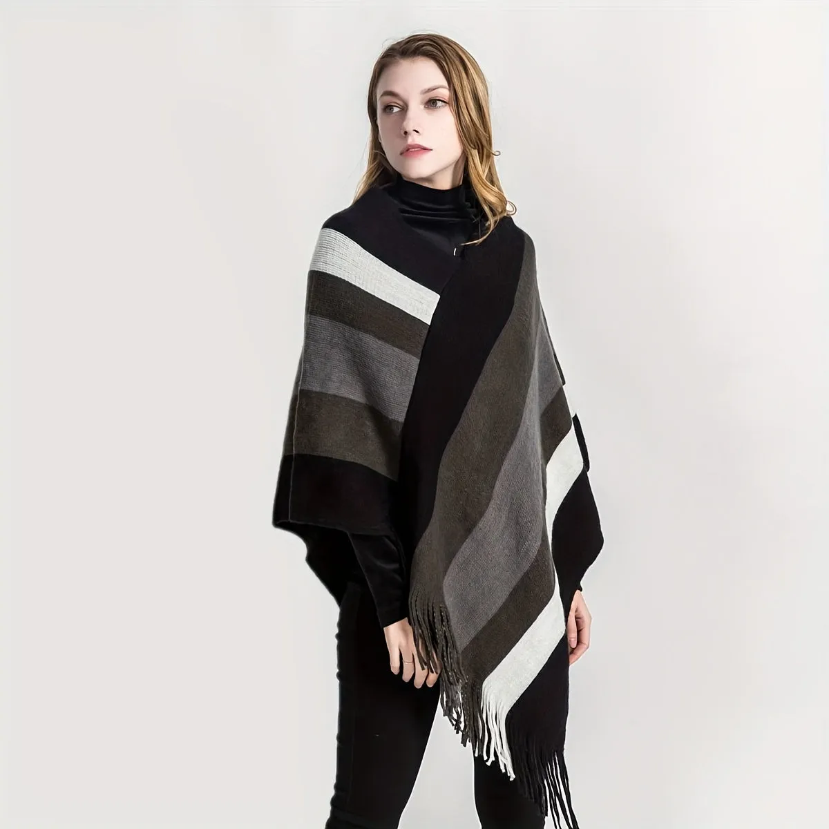 xieyinshe Trendy Striped Shawl Wrap Poncho Classic Coldproof Tassel Outdoor Windproof Warm Wraps For Women Autumn & Winter